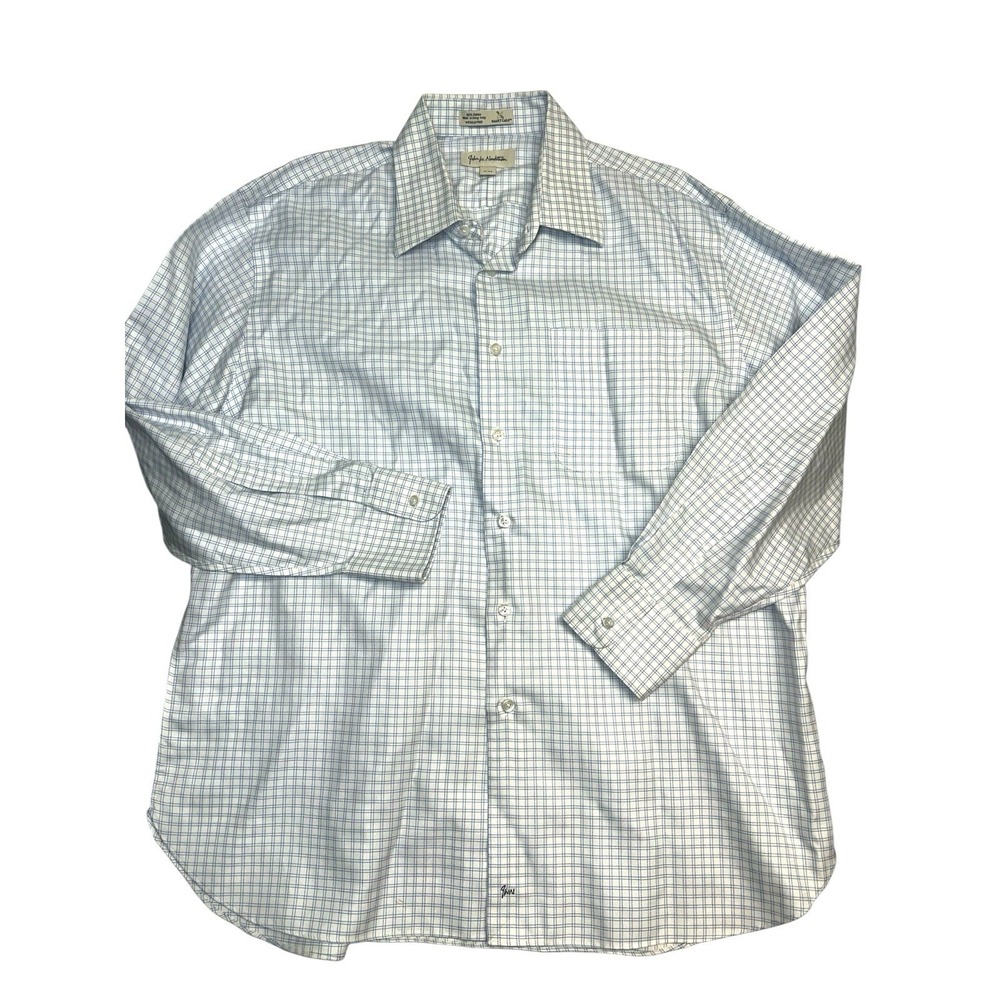 John W. Nordstrom Dress Shirt 17-33 100% Cotton Smart‎ Care Blue Checkered